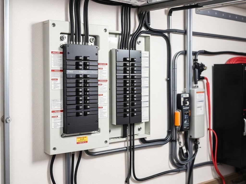 After: a new residential breaker panel with neatly routed conduit and labeled circuits on a clean wall