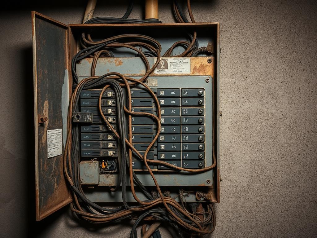 Before: an old rusted residential breaker panel with tangled, unlabeled wiring on a garage wall