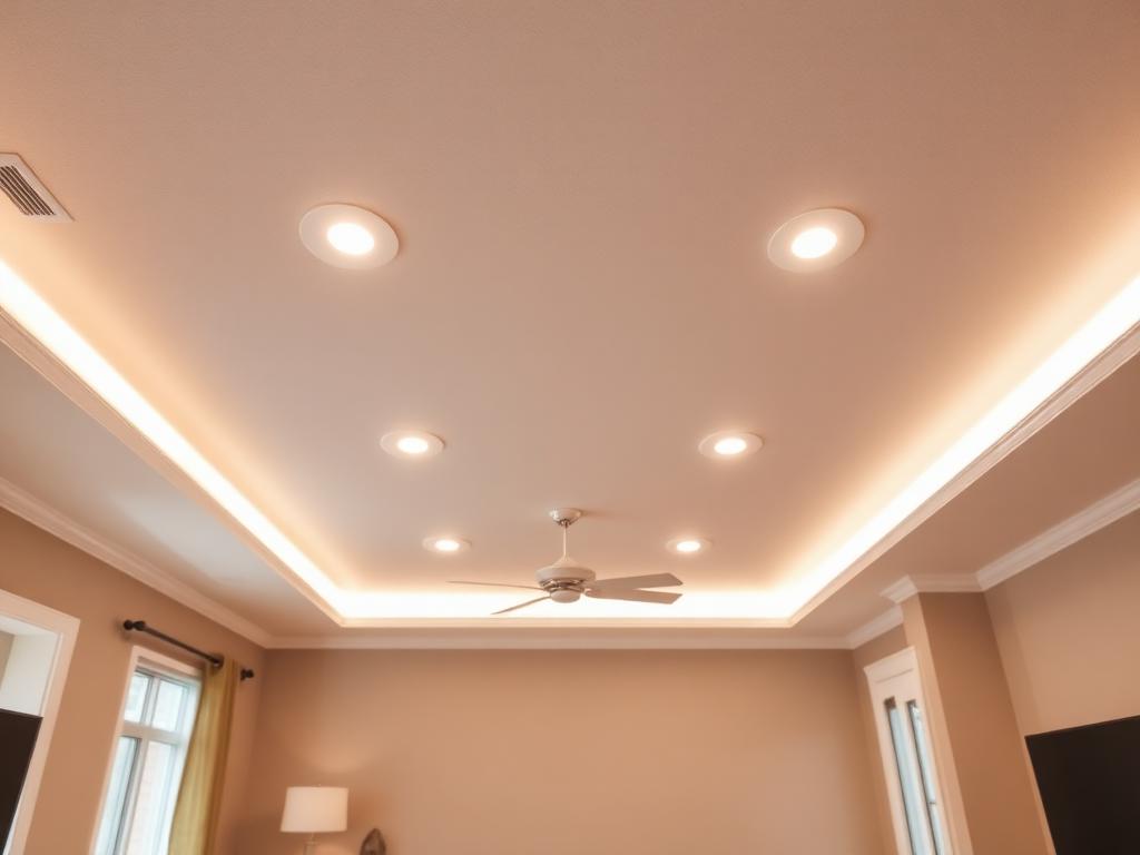 After: warm recessed LED downlights installed evenly across a clean living room ceiling