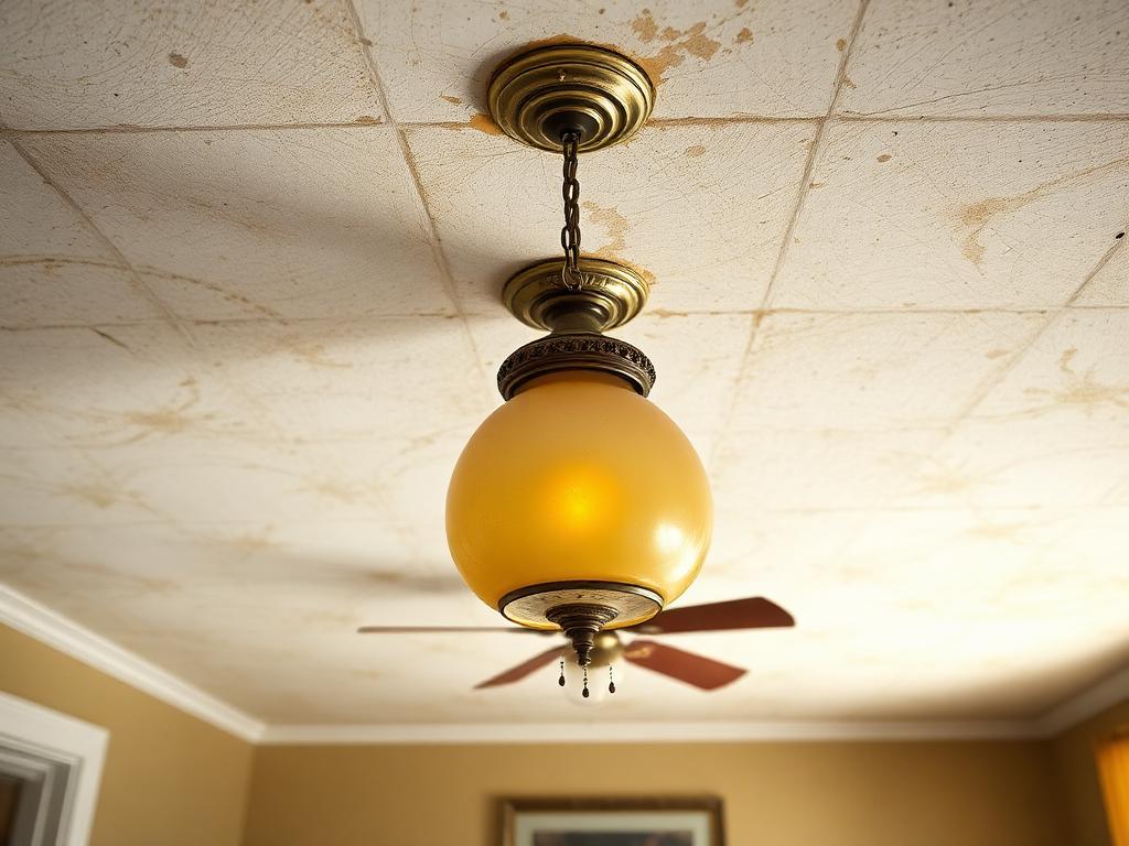 Before: a yellowed dome ceiling light on a stained, dated living room ceiling
