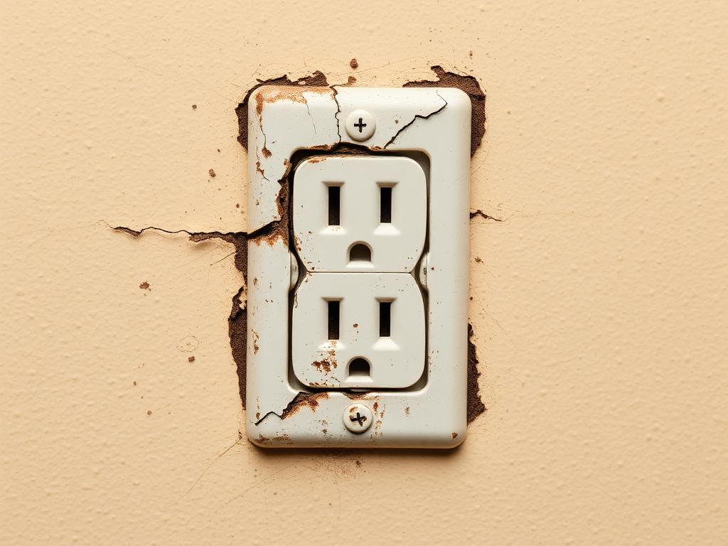 Before: a cracked and discolored wall outlet with damaged surrounding wall surface
