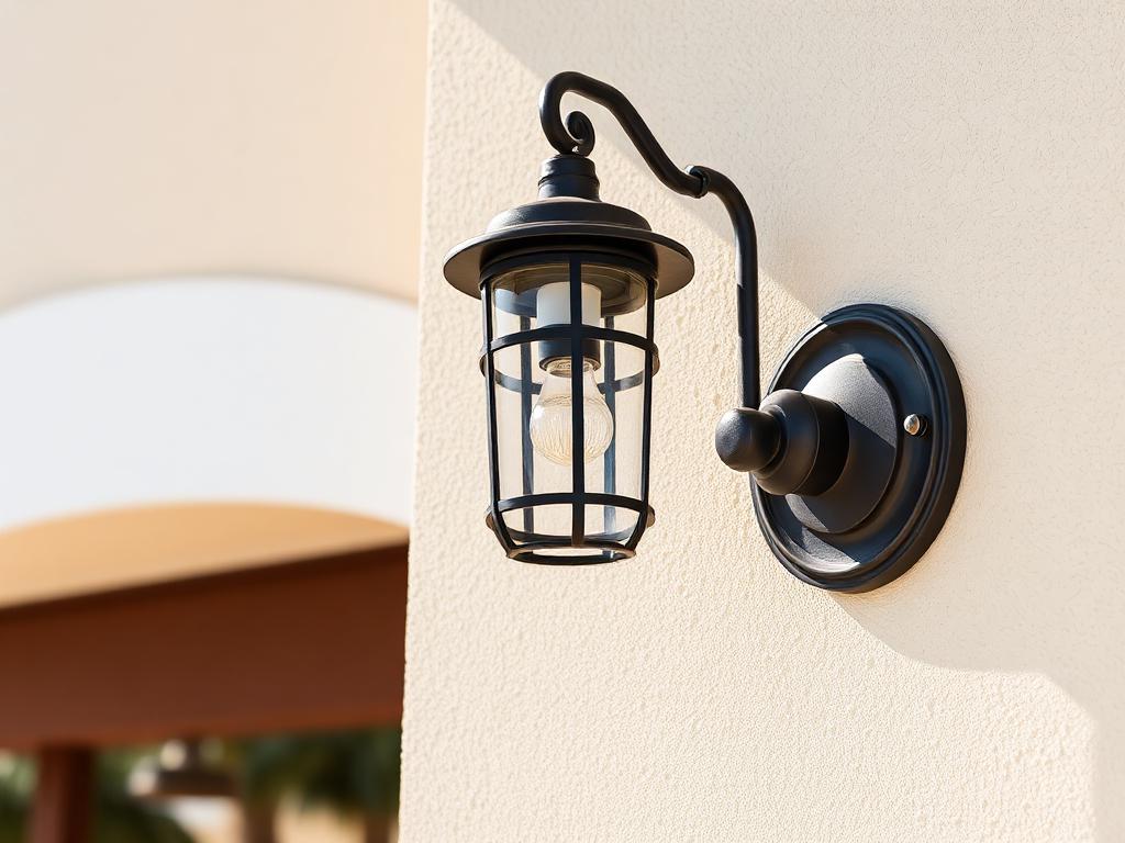 After: a new black weather-rated coach light mounted cleanly on the stucco wall with no exposed cable