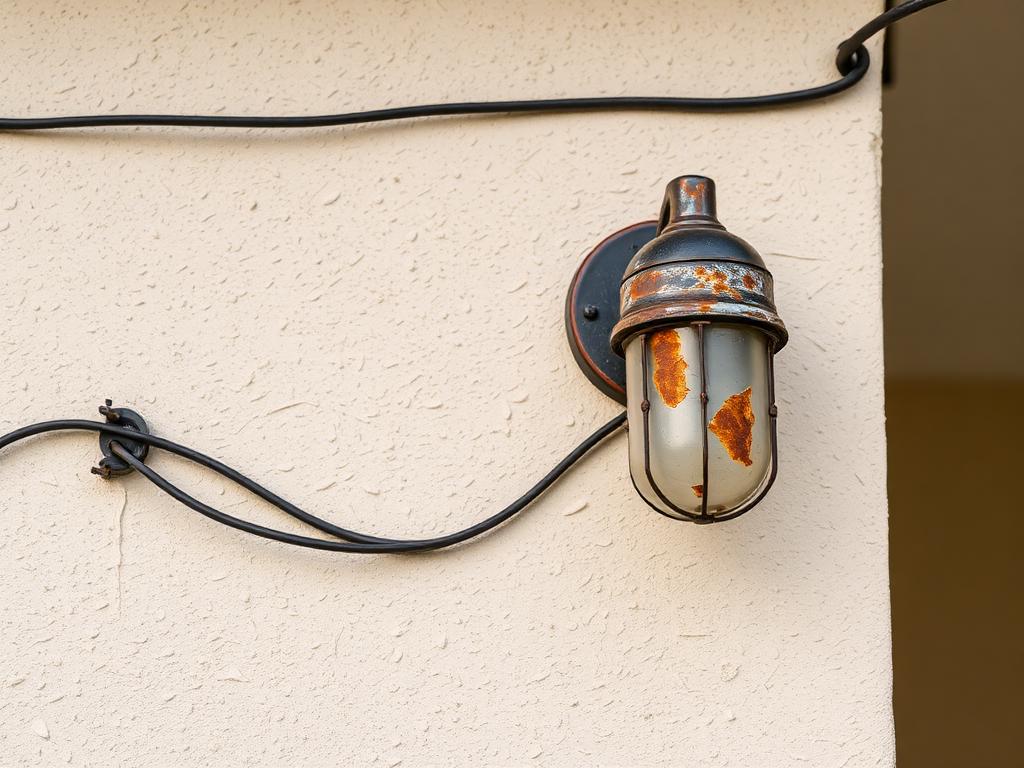 Before: a rusted exterior wall light with cable run loosely across a stucco house wall