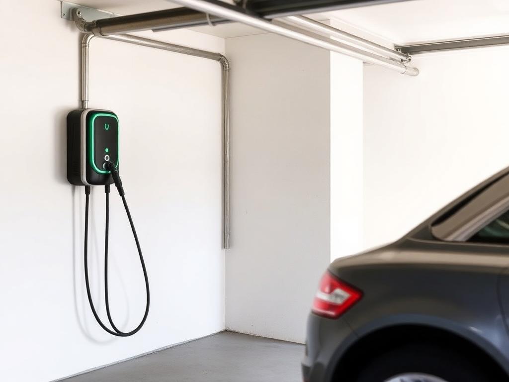 After: a wall-mounted EV charger installed in the garage with neatly routed conduit to the panel