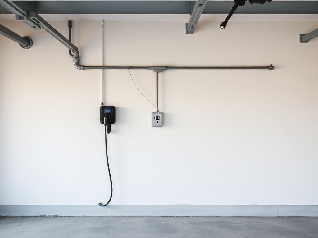 Before: a bare garage wall with an unfinished conduit stub where an EV charger will be installed